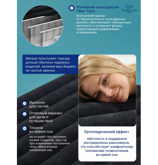 Надувной матрас с подголовником полутороспальный, 137x191x25см, до 273кг, Intex 64142