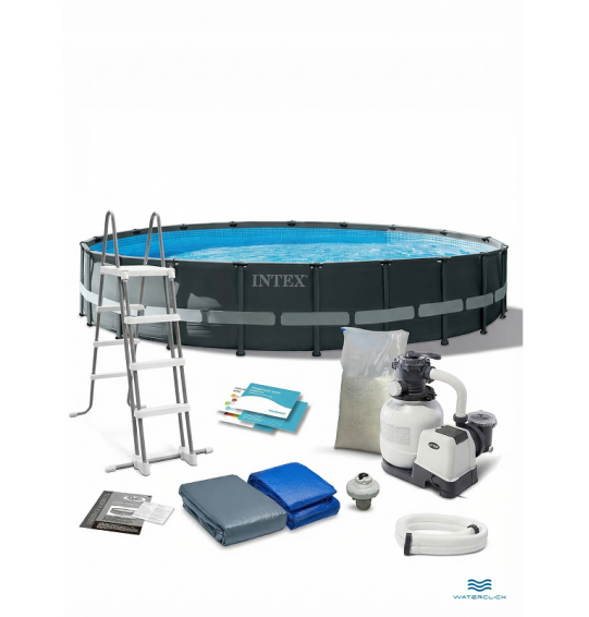 Каркасный бассейн круглый intex 26340 "Ultra Frame Pool", 732*132см, 47241л, песчаный фильтр-насос, лестница, тент, подстилка