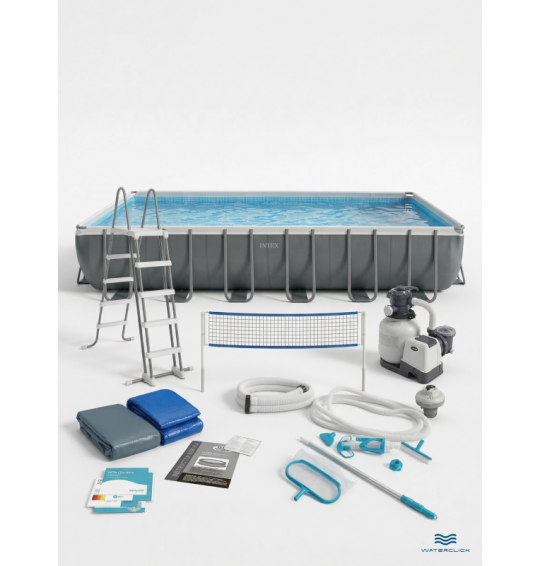 Каркасный прямоугольный бассейн (усиленная чаша) intex 26368 "Ultra Frame", 732х366х132см см, 31805л, фильтр-насос с хлорогенератором, лестница, тент, подстилка, скимер, сетка волейбольная