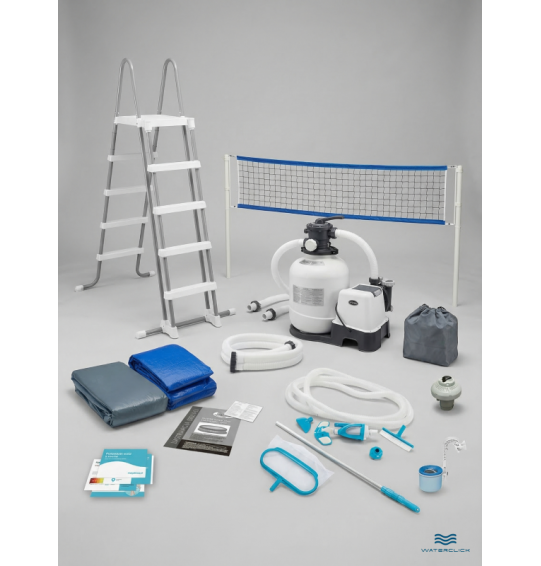 Каркасный прямоугольный бассейн intex 26378 "Ultra Frame", 975х488х132см, 54368л; фильтр - насос+хлорогенератор, лестница, тент, подстилка,комплект для чистки со скиммером,волейбольная сетка