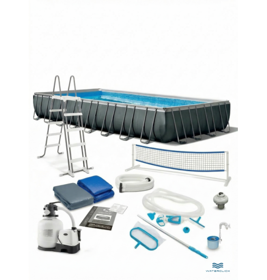 Каркасный прямоугольный бассейн intex 26378 "Ultra Frame", 975х488х132см, 54368л; фильтр - насос+хлорогенератор, лестница, тент, подстилка,комплект для чистки со скиммером,волейбольная сетка