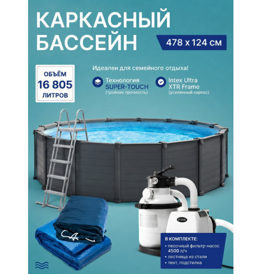 Каркасный бассейн круглый "Graphite Gray Panel", 478*124 см, 16805 л, песочный фильтр-насос 4500 л/ч, лестница, тент, подстилка, intex 26384 Каркасный бассейн круглый "Graphite Gray Panel", 478*124 см, 16805 л, песочный фильтр-насос 4500 л/ч, лестница, тент, подстилка, intex 26384