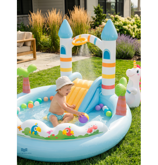 Надувной игровой центр "Замок единорога" с горкой и фонтаном, Intex 56148, 196х178х127 см, от 2 лет, 234 л Надувной игровой центр "Замок единорога" с горкой и фонтаном, Intex 56148, 196х178х127 см, от 2 лет, 234 л