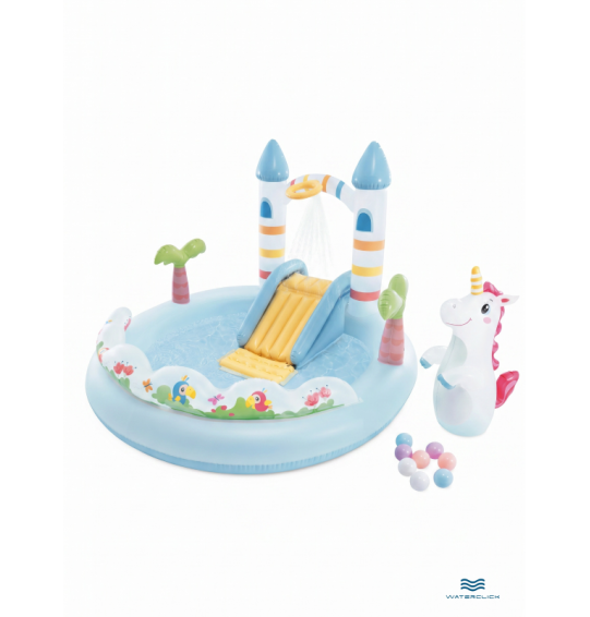 Надувной игровой центр "Замок единорога" с горкой и фонтаном, Intex 56148, 196х178х127 см, от 2 лет, 234 л Надувной игровой центр "Замок единорога" с горкой и фонтаном, Intex 56148, 196х178х127 см, от 2 лет, 234 л