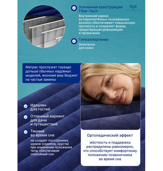 Надувной матрас Intex 64765 "Classic Downy", 152x203x25см с подушками и насосом, до 273кг Надувной матрас Intex 64765 "Classic Downy", 152x203x25см с подушками и насосом, до 273кг