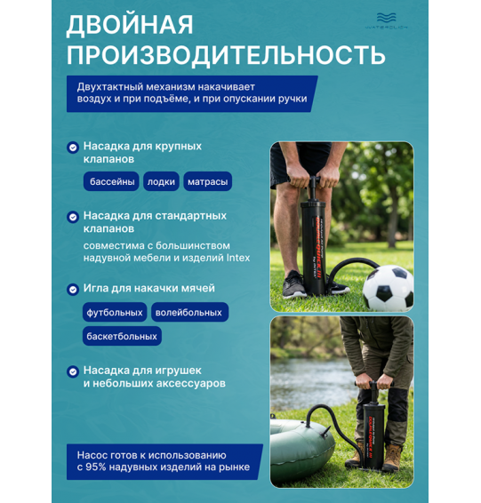 Ручной насос Intex 68615 Double Quick III, 48 см с 4 насадками