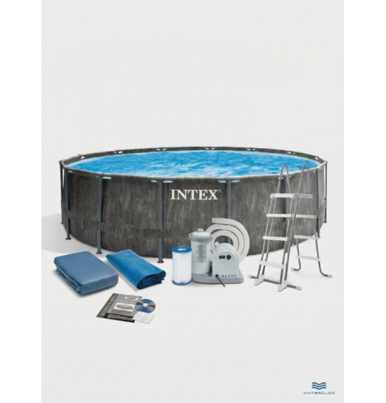 Бассейн каркасный круглый intex 26742 "GreyWood Prism Frame Premium", 457х122см, 16805 л, фильтр-насос, лестница, тент, подстилка