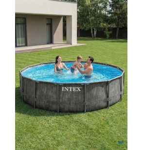 Бассейн каркасный круглый intex 26744 "GreyWood Prism Frame Premium", 549х122см, 24311 л, фильтр-насос, лестница, тент, подстилка
