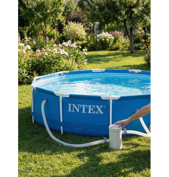 Бассейн каркасный круглый INTEX 28242, 457х122см, 16805л, картриджный фильтр-насос, лестница, тент, подстилка